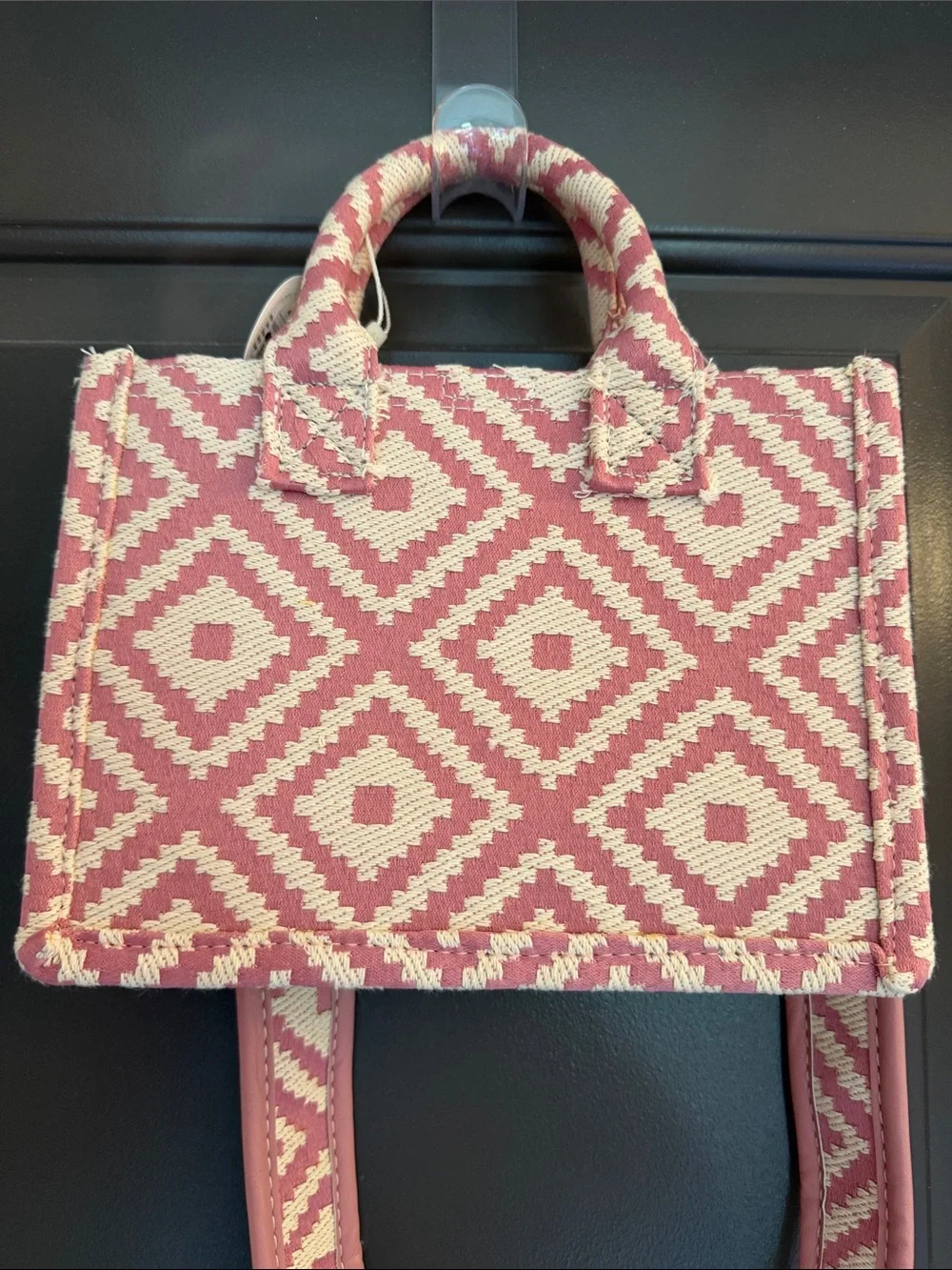 Woven Geometric Small Tote in Pink and Cream with removable strap